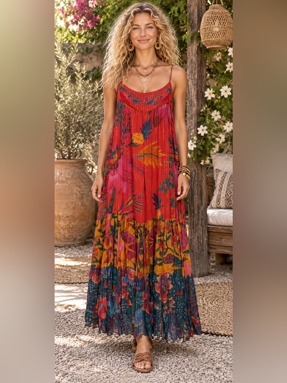 H055 New Farm Rio ptp20 Red Floral Maxi Dress with Spaghetti Straps
